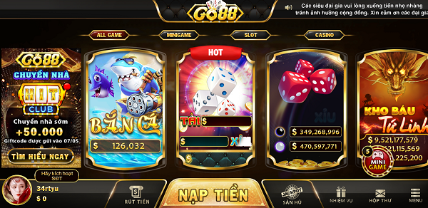 Kho trò chơi đa dạng tại cổng game Go88